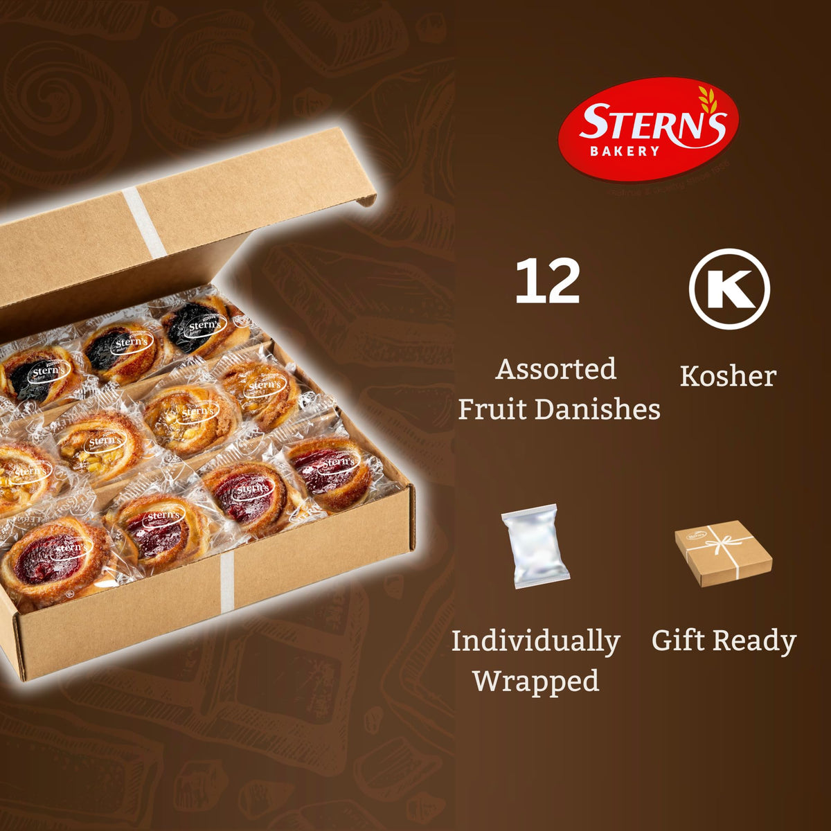 Stern's Bakery Fruit Danish Pastry – 12 Count, Assorted Fruit-Filled Cinnamon Buns, Kosher, Dairy Free & Nut Free