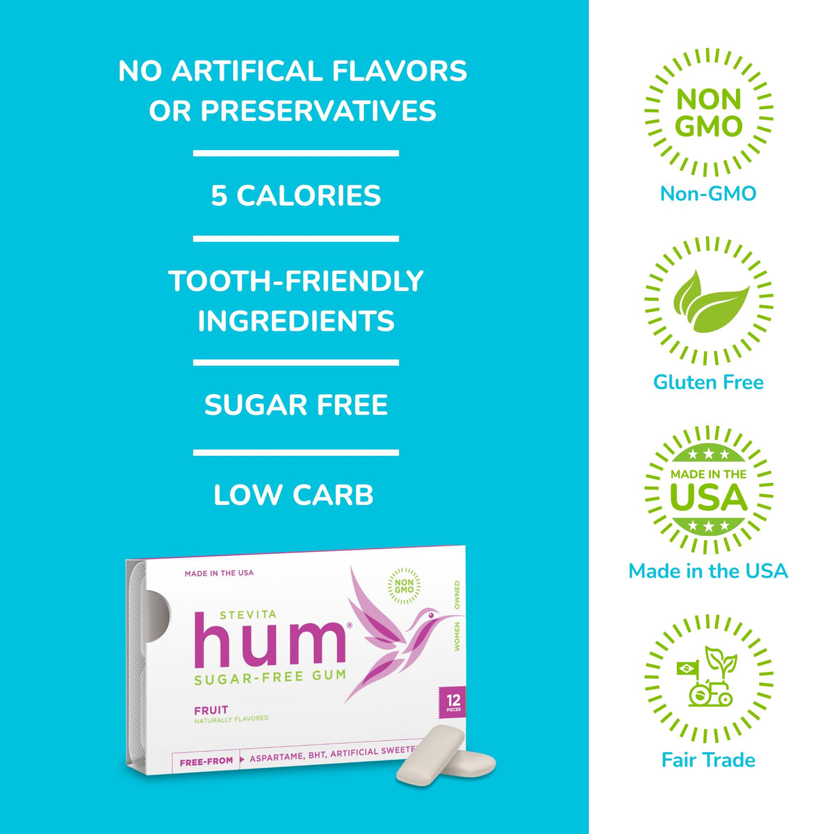 Stevita Hum Fruit Sugar-Free Gum – 72 Servings, 12-Pack (12 x 12), Non-GMO, Vegetarian, Keto, Gluten Free
