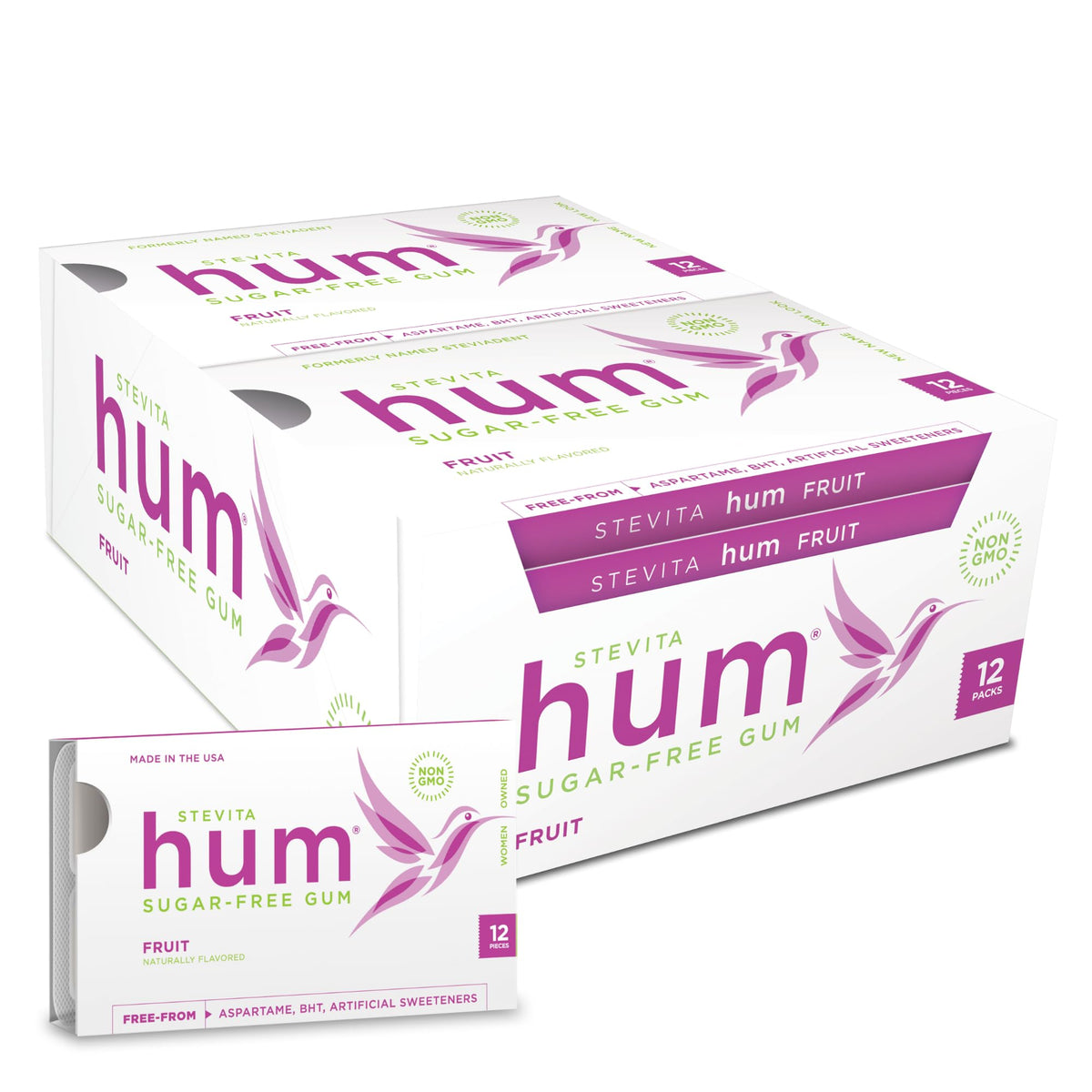 Stevita Hum Fruit Sugar-Free Gum – 72 Servings, 12-Pack (12 x 12), Non-GMO, Vegetarian, Keto, Gluten Free