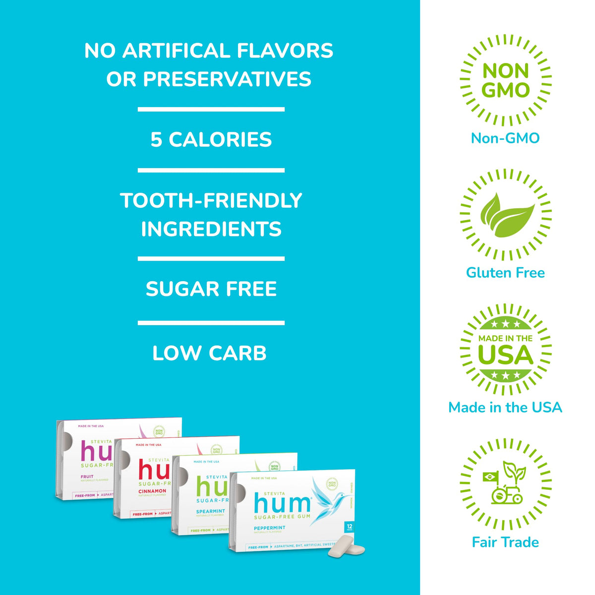 Stevita Hum Variety Pack — 12 Sugar-Free Gum Pack (Peppermint, Cinnamon, Spearmint & Fruit) | Non-GMO, Keto, Gluten Free