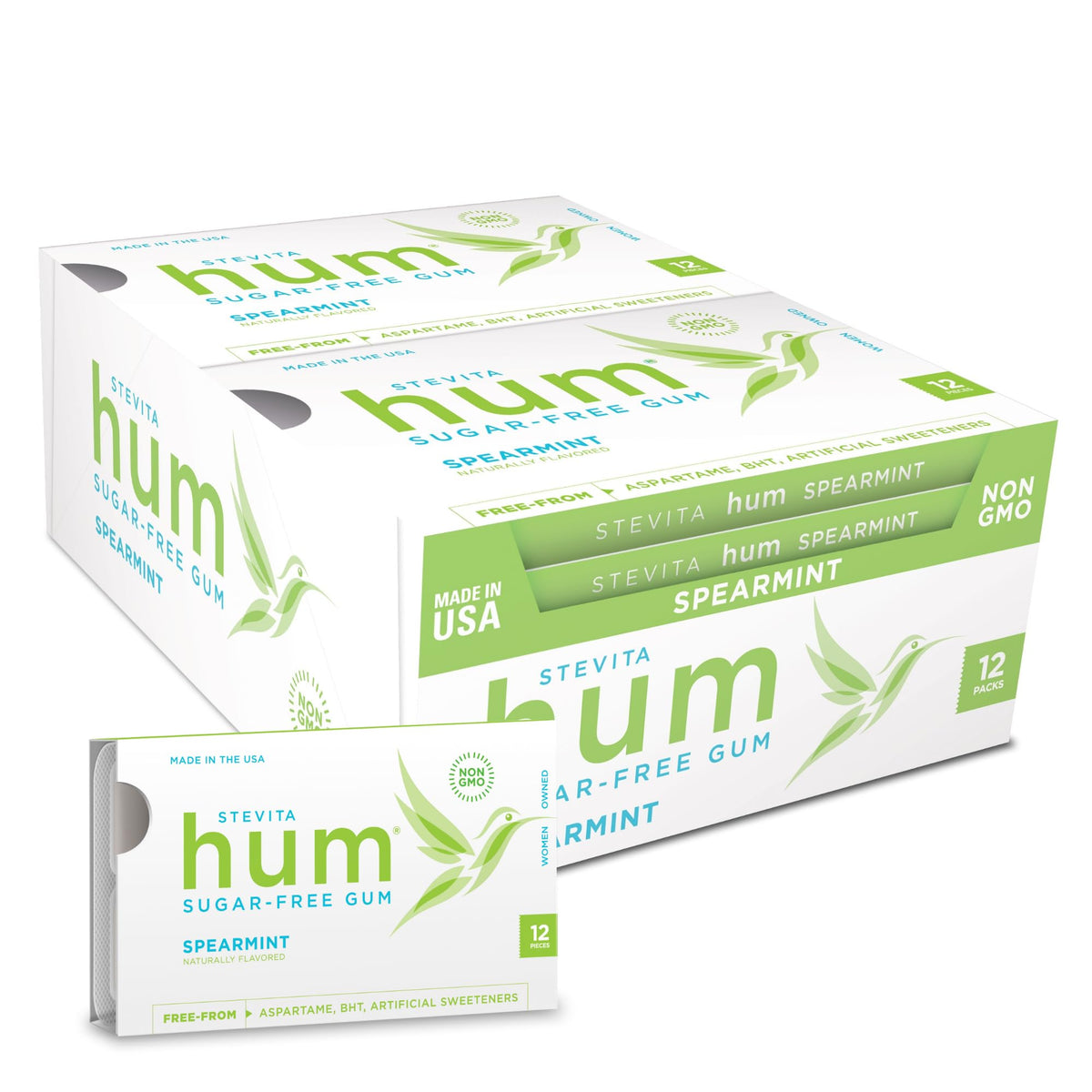 Stevita Hum Spearmint Sugar-Free Gum – 72 Servings, 12 Packs | Non-GMO, Vegetarian, Keto, Gluten Free