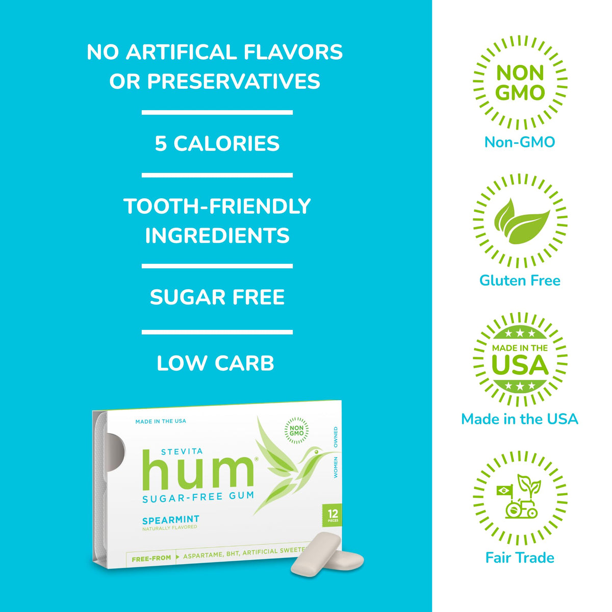 Stevita Hum Spearmint Sugar-Free Gum – 72 Servings, 12 Packs | Non-GMO, Vegetarian, Keto, Gluten Free