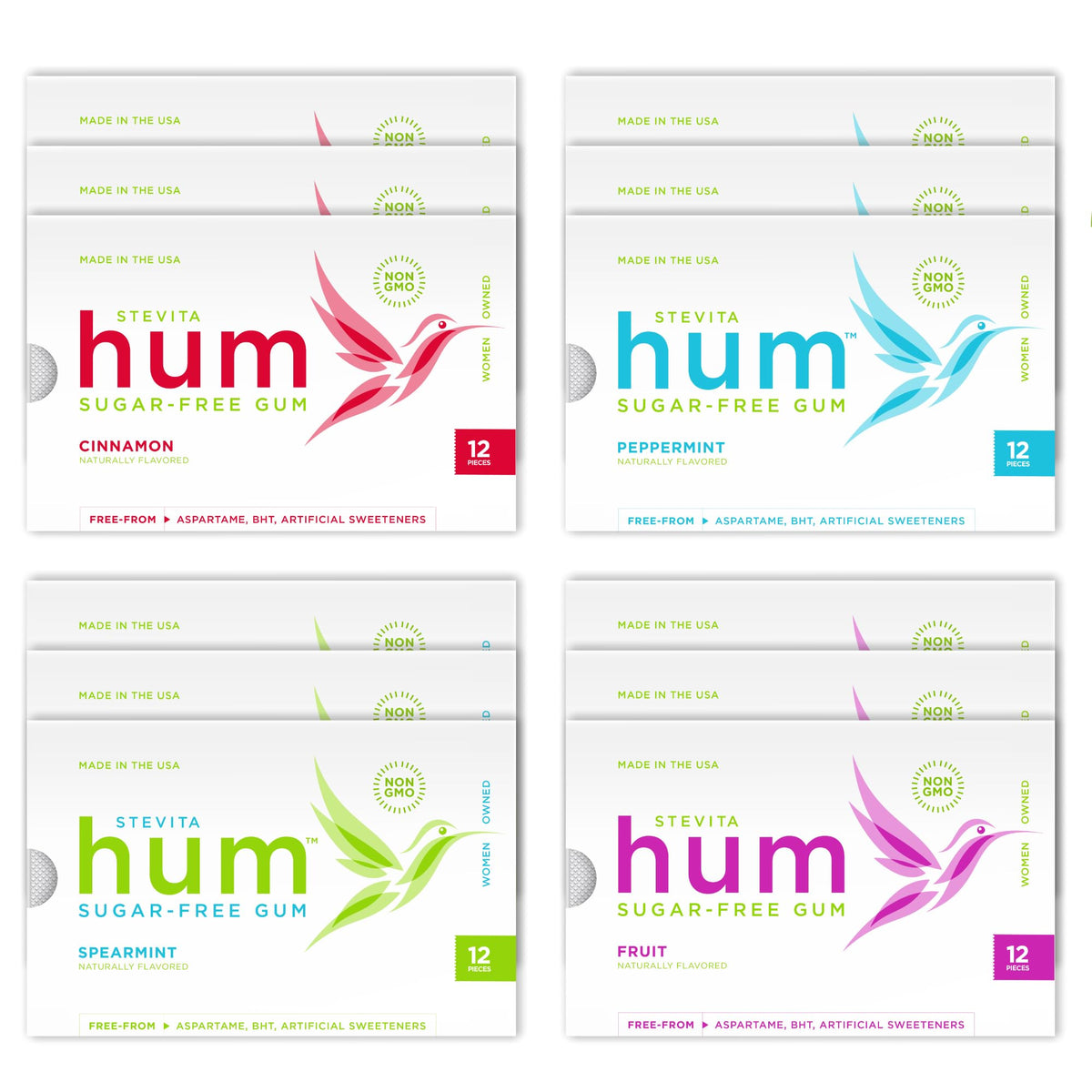 Stevita Hum Variety Pack — 12 Sugar-Free Gum Pack (Peppermint, Cinnamon, Spearmint & Fruit) | Non-GMO, Keto, Gluten Free
