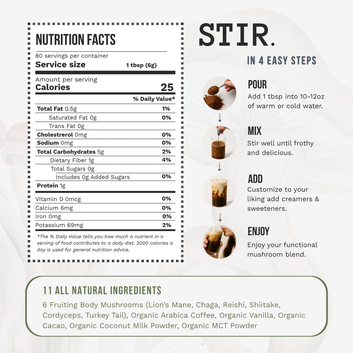 STIR Premium Instant Mushroom Coffee | Lion’s Mane, Chaga, Reishi, Cordyceps, Shiitake, Turkey Tail | Cocoa, Vanilla & Coconut MCTs | Focus, Energy & Digestive Support | 30 Servings