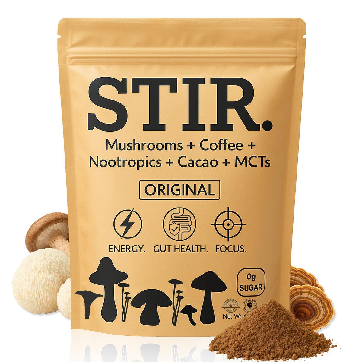 STIR Premium Instant Mushroom Coffee | Lion’s Mane, Chaga, Reishi, Cordyceps, Shiitake, Turkey Tail | Cocoa, Vanilla & Coconut MCTs | Focus, Energy & Digestive Support | 30 Servings