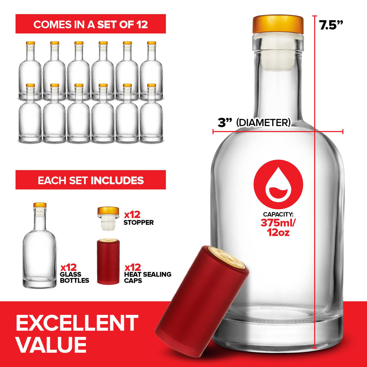 Stock Your Home 12-Pack 375ml Glass Bottles with Corks for Infusions, Oils, Limoncello
