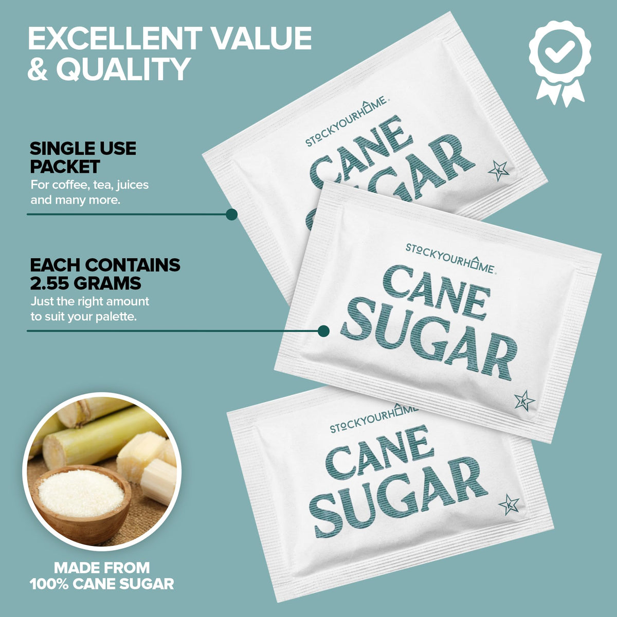 Stock Your Home Bulk White Sugar Packets – 1000 Count, 2.55 g Each for Coffee, Tea, and More