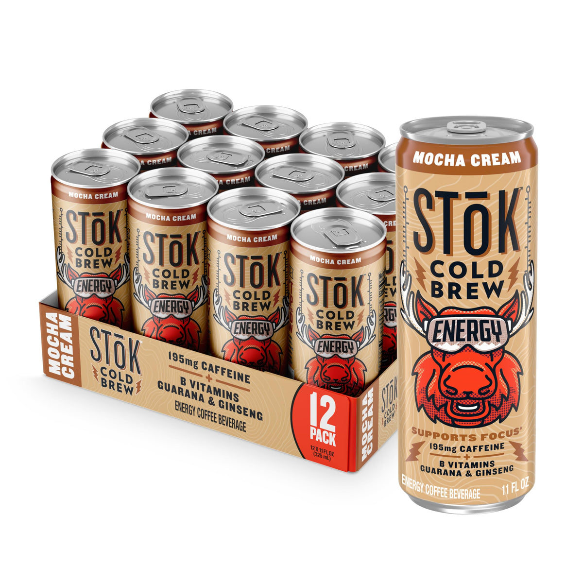 STOK Cold Brew Energy Mocha Cream – 195 mg Caffeine, 11oz Can, 12-Pack