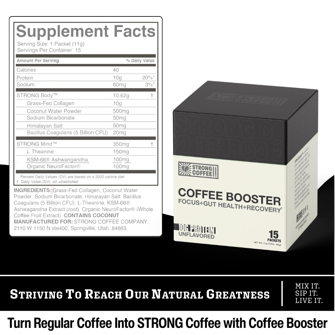 Strong Coffee Co. Coffee Booster: 10g Collagen Protein, Nootropics & Adaptogens for Focus | 15 Packets