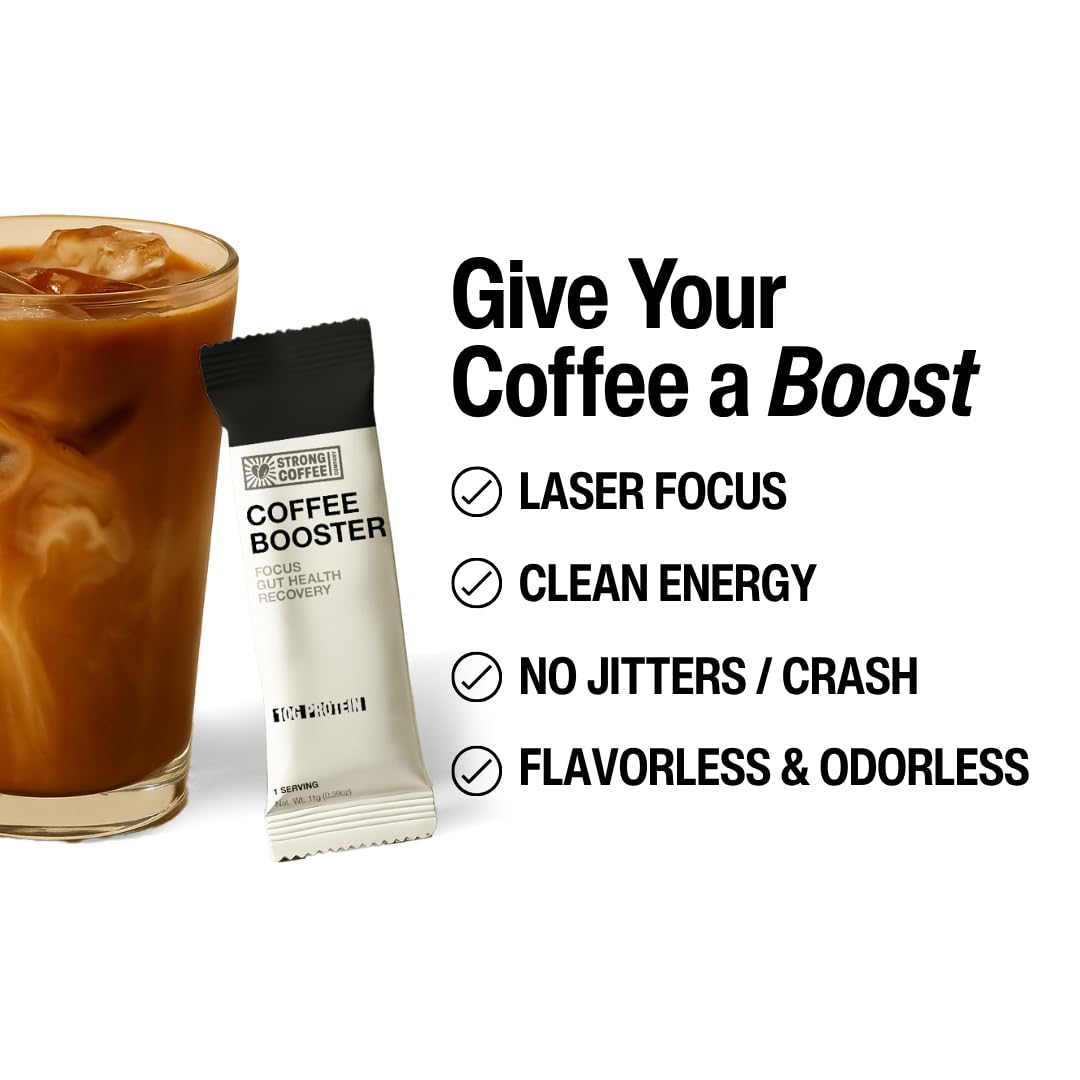 Strong Coffee Co. Coffee Booster: 10g Collagen Protein, Nootropics & Adaptogens for Focus | 15 Packets