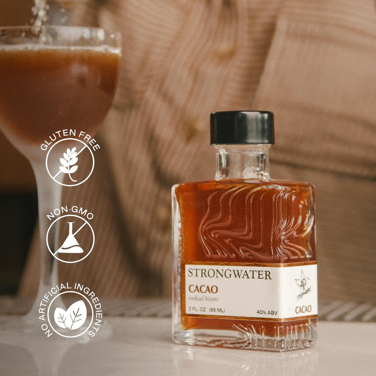 Strongwater Cacao Bitters (40 Servings) – Chocolate Bitters with Roasted Cacao Nibs, Vanilla & Cherry Bark