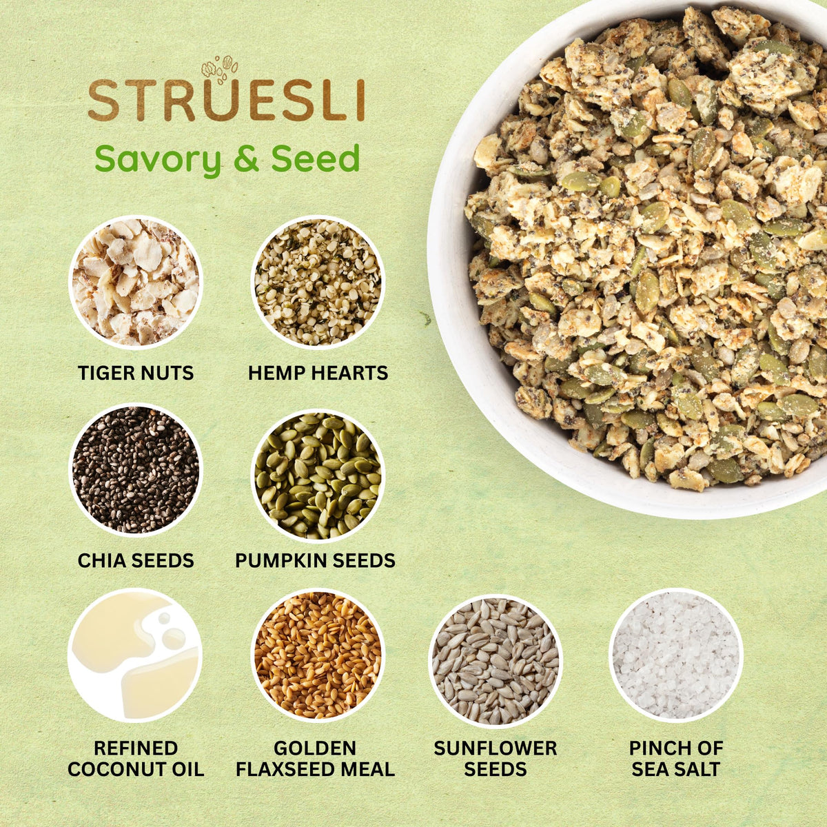 Struesli Savory & Seed Organic Granola — Grain Free, Nut Free, Gluten Free (2 Pack, 9 oz)