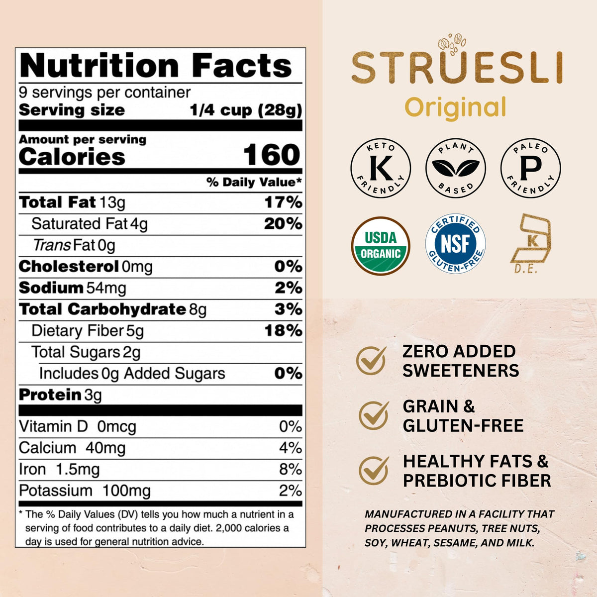 Struesli Original Organic Granola – Grain & Gluten Free, Prebiotic Fiber Snack (9 oz x 2)
