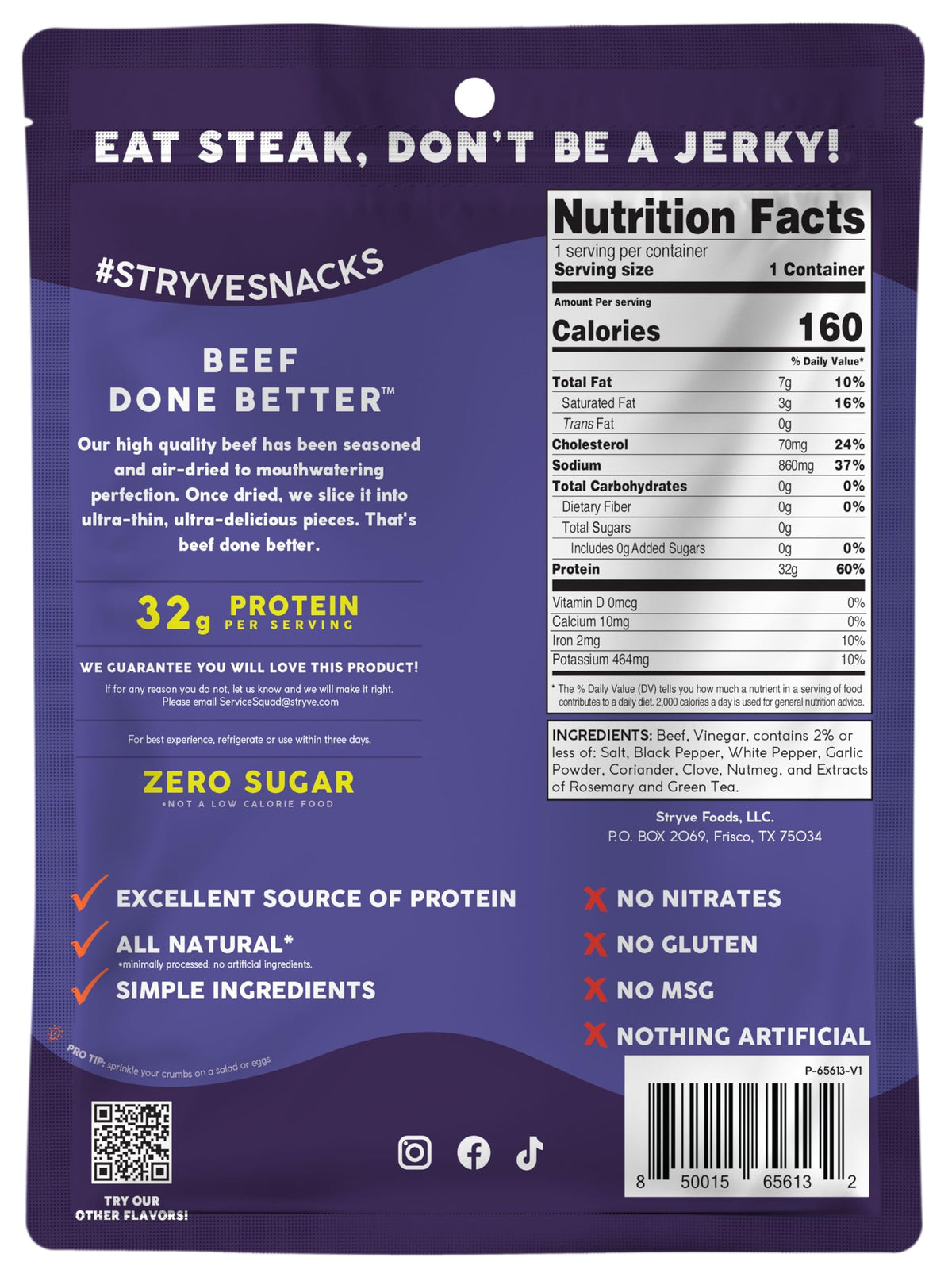 Stryve Grass-Fed Beef Biltong — 32g Protein, Sugar Free, Keto & Paleo | Pack of 4