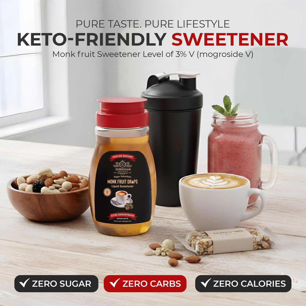 SubSugar Monk Fruit Drops – Zero-Calorie Liquid Sweetener (250 g) – Sugar-Free, Keto-Friendly, Kosher, Non-GMO