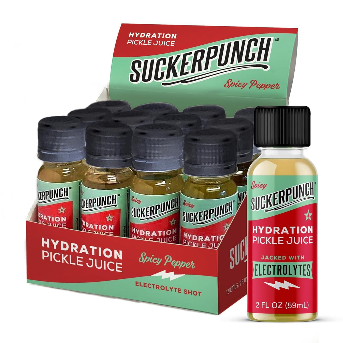 Suckerpunch Electrolyte Pickle Juice Shot – Spicy Dill, Low Calorie, Gluten Free (Pack of 12)