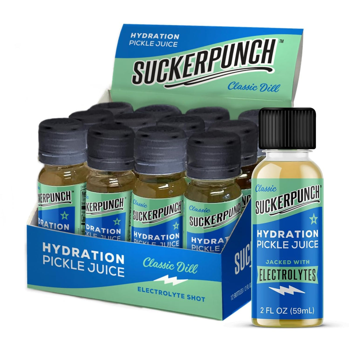 SUCKERPUNCH Electrolyte Pickle Shot – Quick Hydration, Cramp Relief, 2oz, 12ct