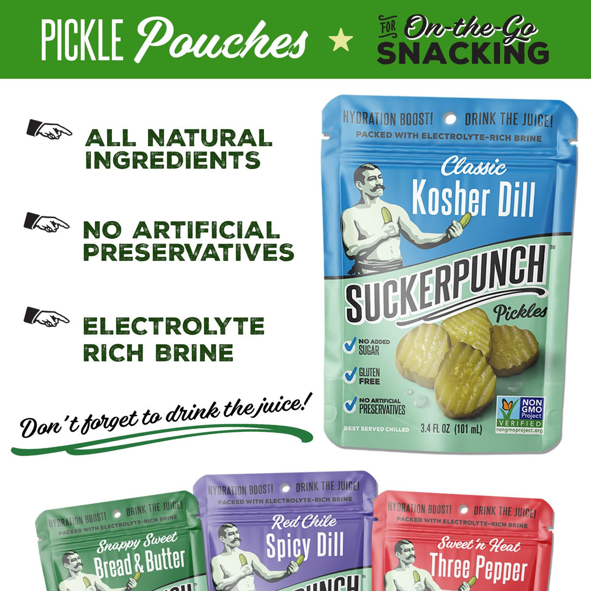 SuckerPunch Pickles in a Pouch — 4-Flavor Variety Pack, Dill Chip-Cut, On-the-Go Snack