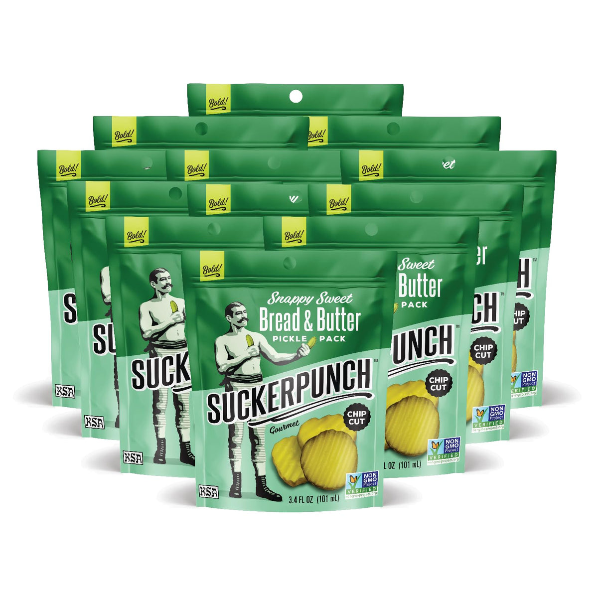 SUCKERPUNCH Pickles in a Pouch — 4-Flavor Variety Pack (Bread & Butter), Gluten Free, Keto, 3.4 oz