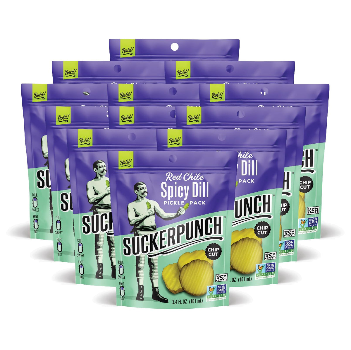 SUCKERPUNCH Pickles in a Pouch — 4-Flavor Variety Pack Red Chile Spicy, Gluten Free & Sugar Free