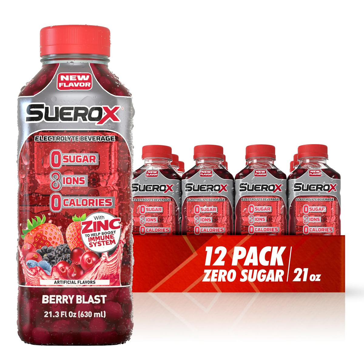 SueroX Sugar Free Sports Drink – Berry Blast Electrolyte Hydration, Zero Calorie, 21.3 fl oz (12 Count)