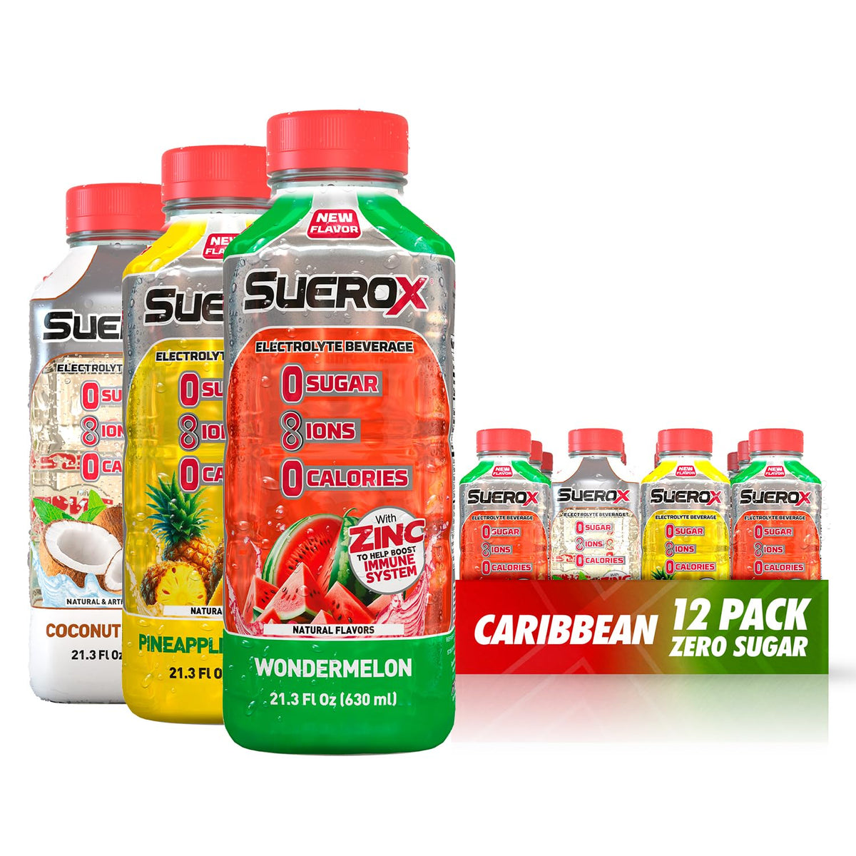 SueroX Sugar-Free Caribbean Pack — Electrolyte Hydration with 8 Ions, 0 Cal, 12 x 21.3 fl oz