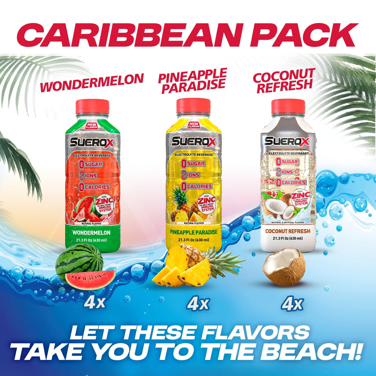 SueroX Sugar-Free Caribbean Pack — Electrolyte Hydration with 8 Ions, 0 Cal, 12 x 21.3 fl oz