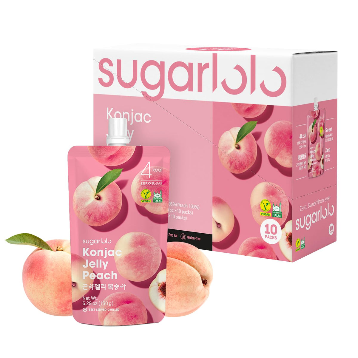 Sugarlolo Konjac Sweet Peach Jelly Snack – Zero Sugar, 4 Cal per Pouch, 10 Pack (Vegan)