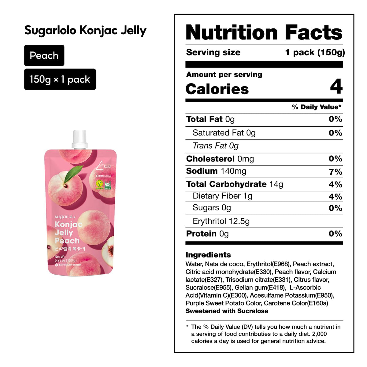 Sugarlolo Konjac Sweet Peach Jelly Snack – Zero Sugar, 4 Cal per Pouch, 10 Pack (Vegan)