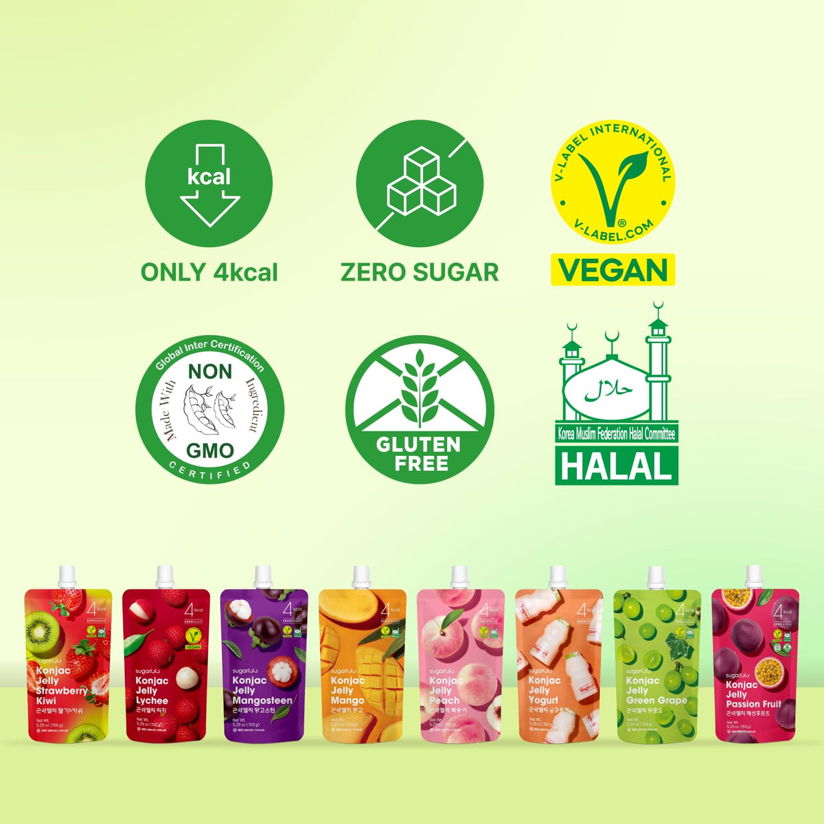 Sugarlolo Konjac Lychee Jelly Snack - Vegan, 4 Cal per Pouch, Zero Sugar, 10-Pack