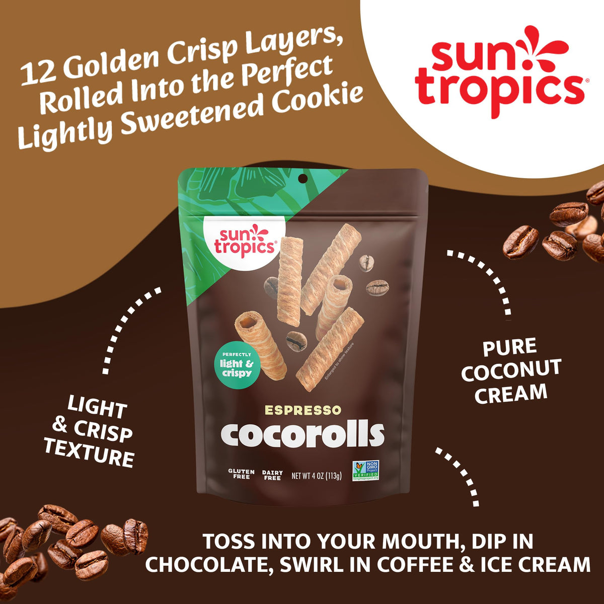 Sun Tropics CocoRolls Espresso Flavor – 6 Count Coconut Wafer Cookies (4 oz each) | Gluten Free & Dairy Free