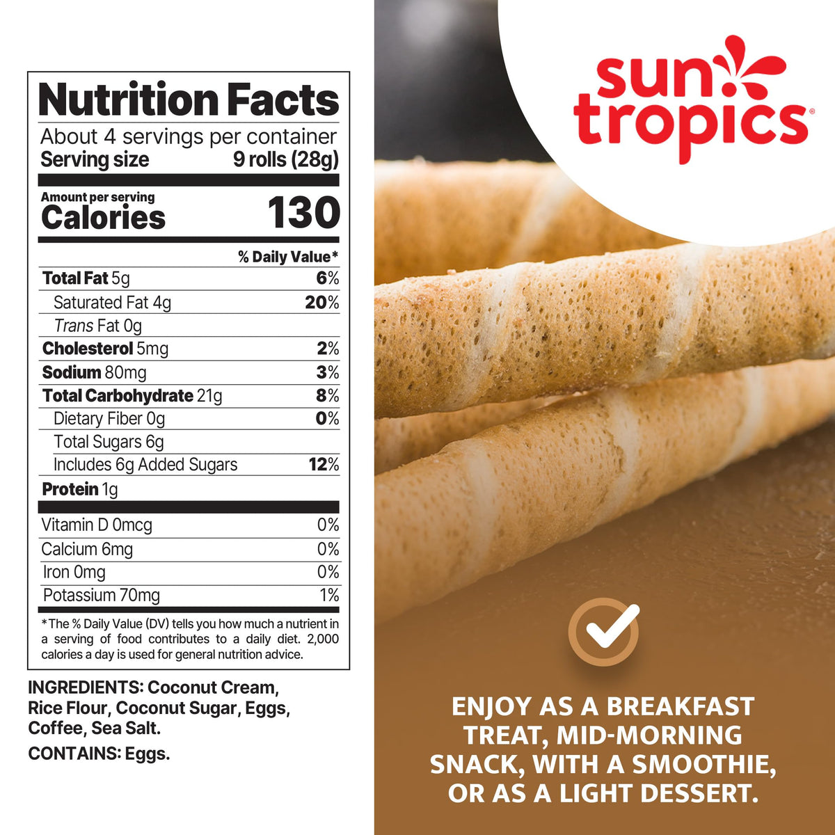 Sun Tropics CocoRolls Espresso Flavor – 6 Count Coconut Wafer Cookies (4 oz each) | Gluten Free & Dairy Free