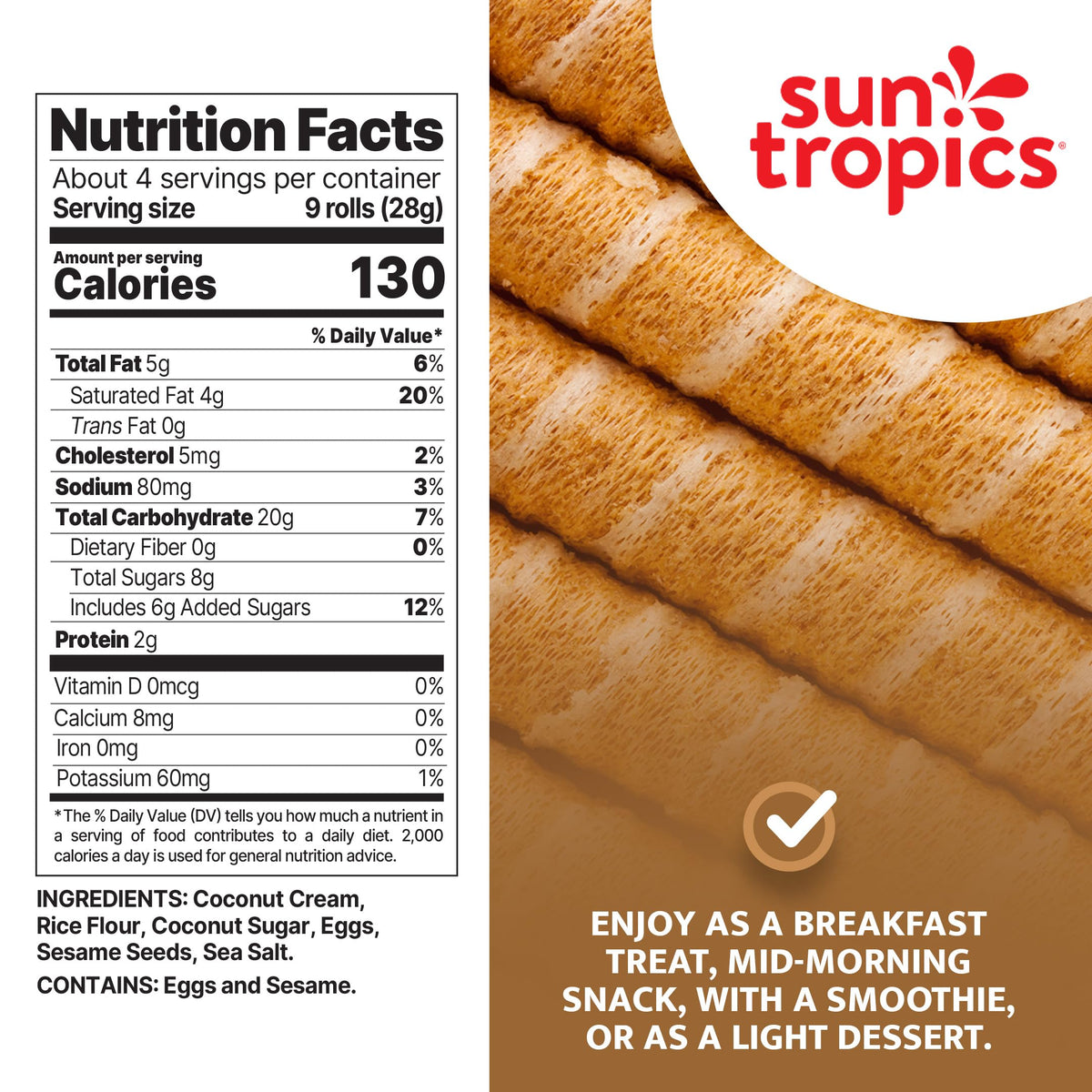 Sun Tropics CocoRolls Original - 6 Count (4 oz Each) | Gluten Free & Dairy Free Coconut Wafers