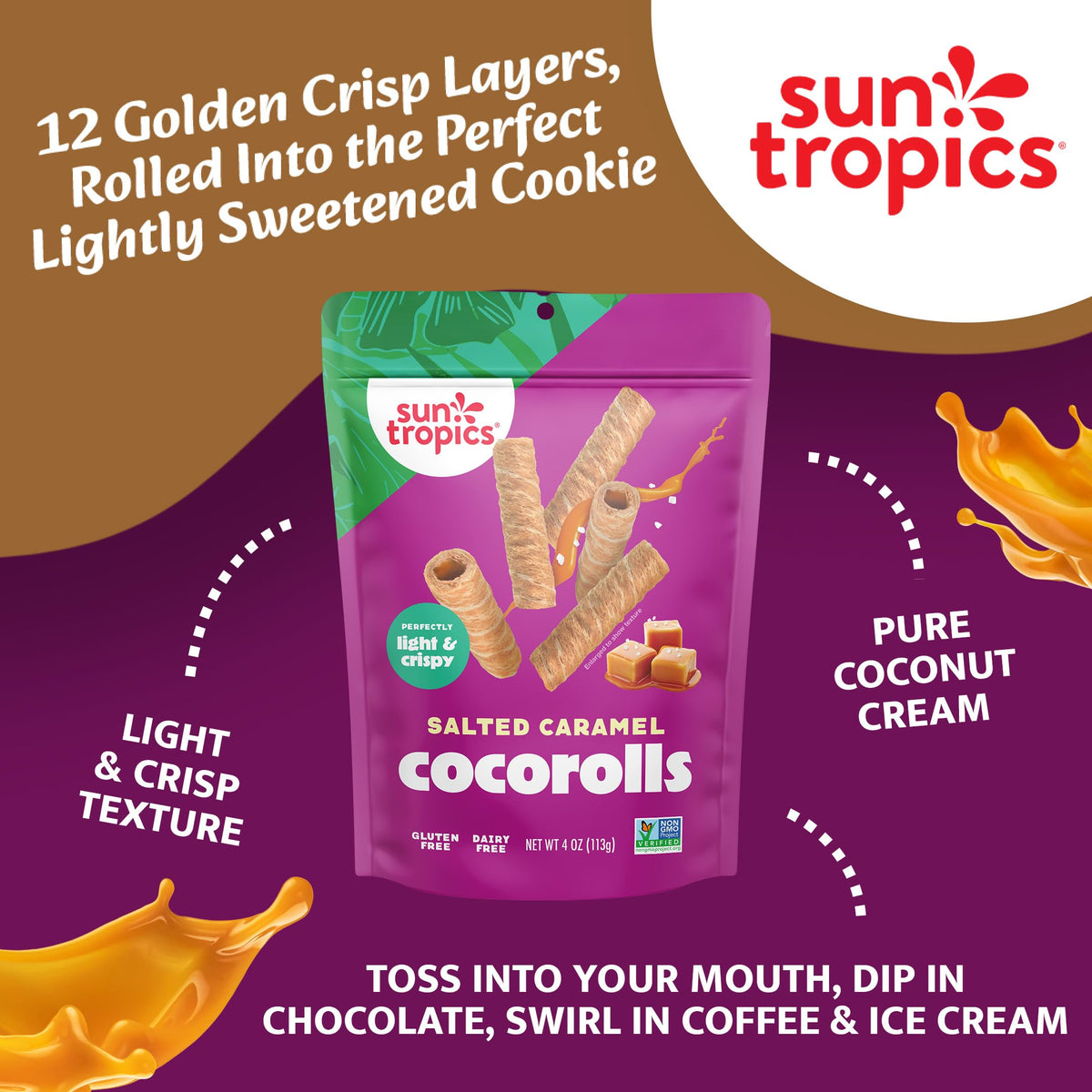 Sun Tropics CocoRolls Salted Caramel – Gluten Free & Dairy Free Coconut Wafer Snack | 6 Count, 4 oz Each