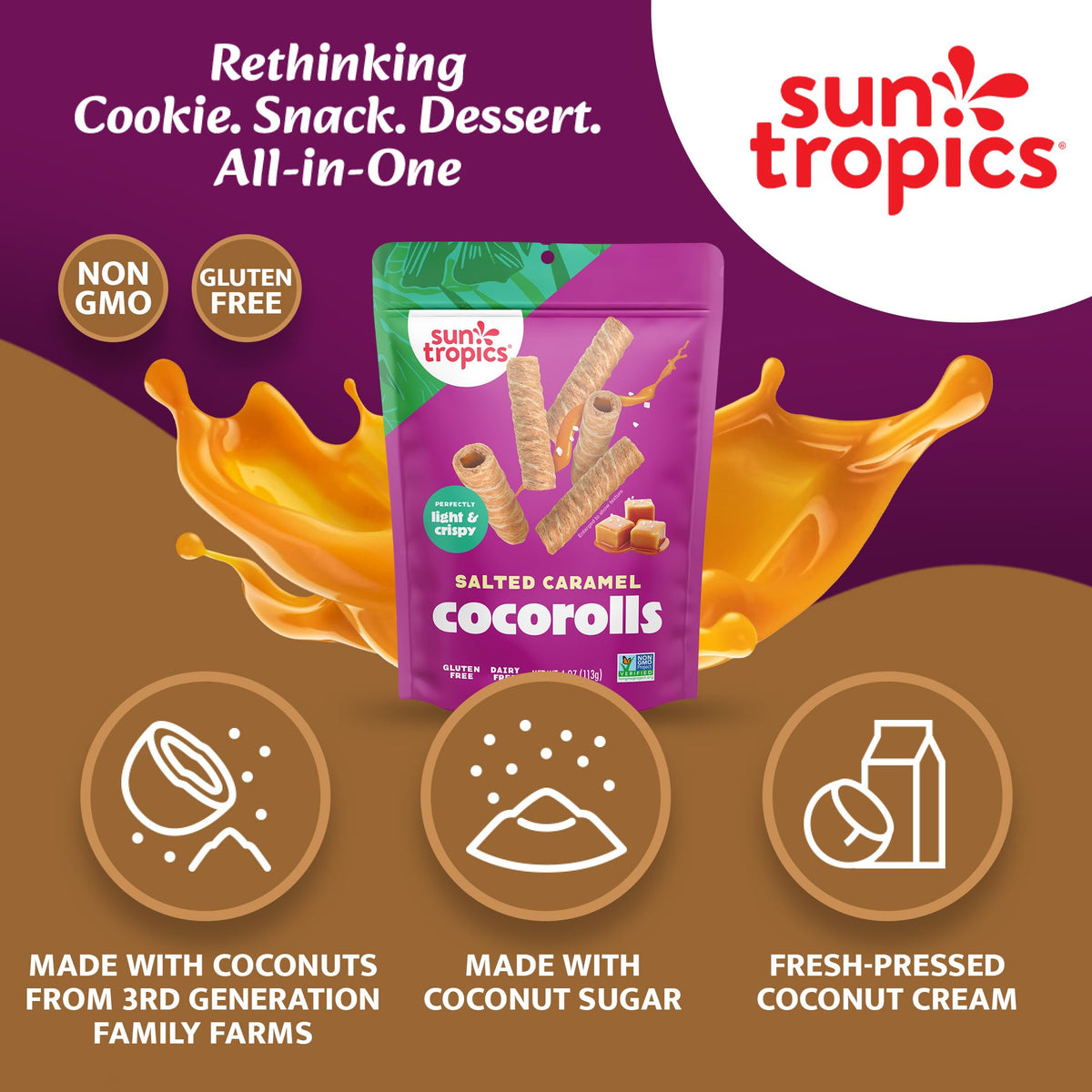 Sun Tropics CocoRolls Salted Caramel – Gluten Free & Dairy Free Coconut Wafer Snack | 6 Count, 4 oz Each