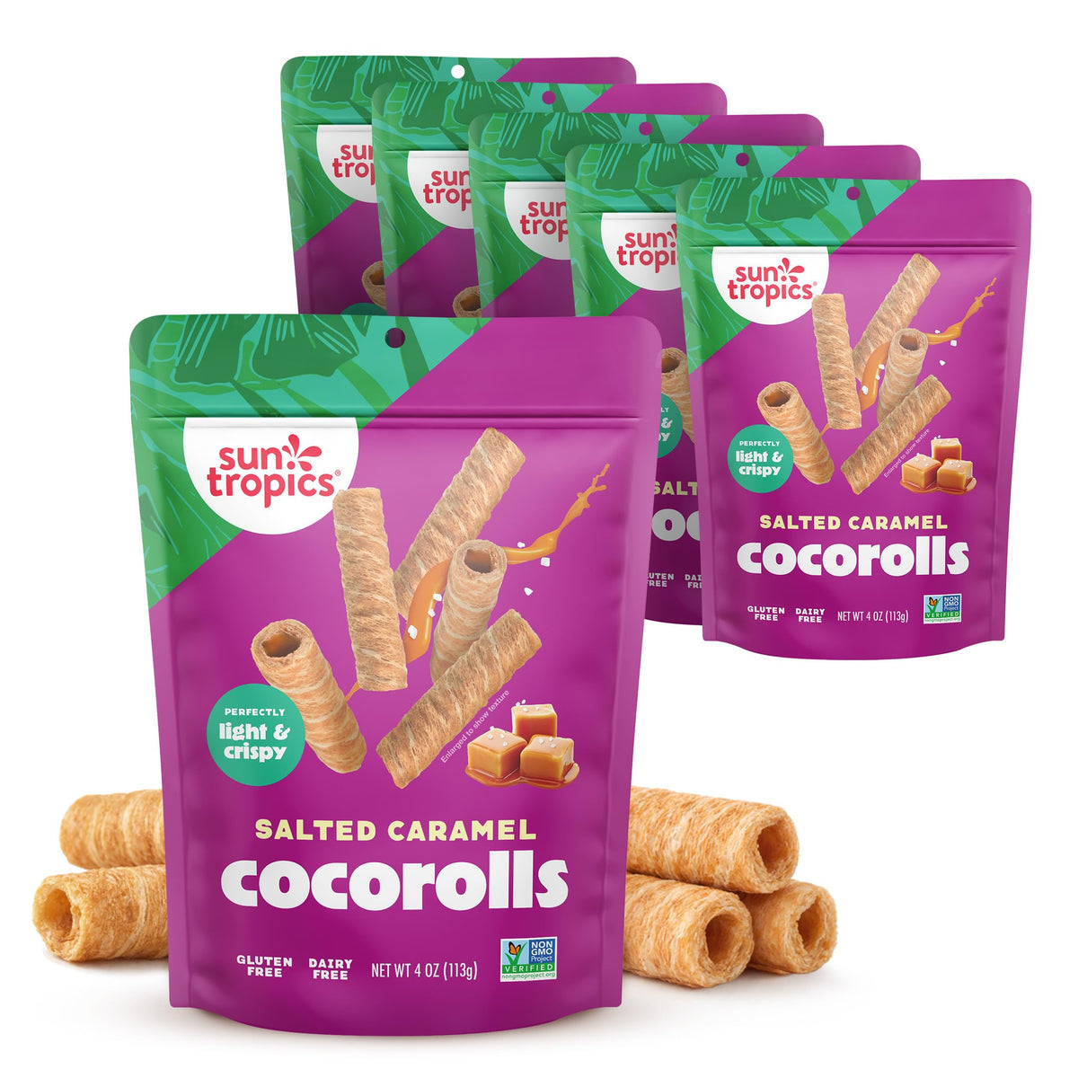 Sun Tropics CocoRolls Salted Caramel – Gluten Free & Dairy Free Coconut Wafer Snack | 6 Count, 4 oz Each