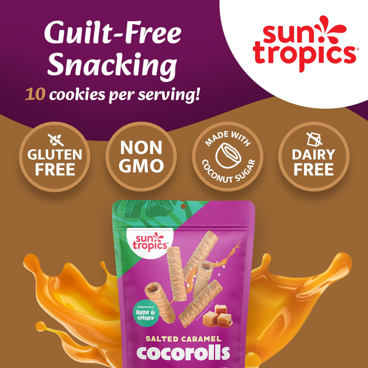 Sun Tropics CocoRolls Salted Caramel – Gluten Free & Dairy Free Coconut Wafer Snack | 6 Count, 4 oz Each