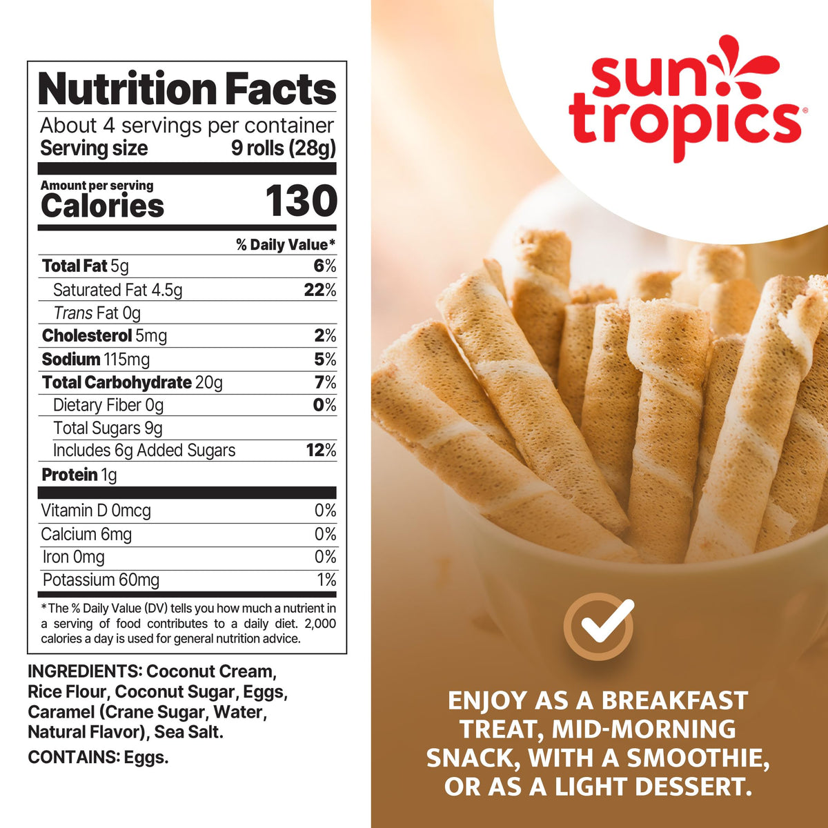 Sun Tropics CocoRolls Salted Caramel – Gluten Free & Dairy Free Coconut Wafer Snack | 6 Count, 4 oz Each