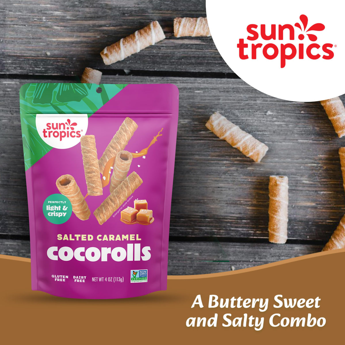 Sun Tropics CocoRolls Salted Caramel – Gluten Free & Dairy Free Coconut Wafer Snack | 6 Count, 4 oz Each