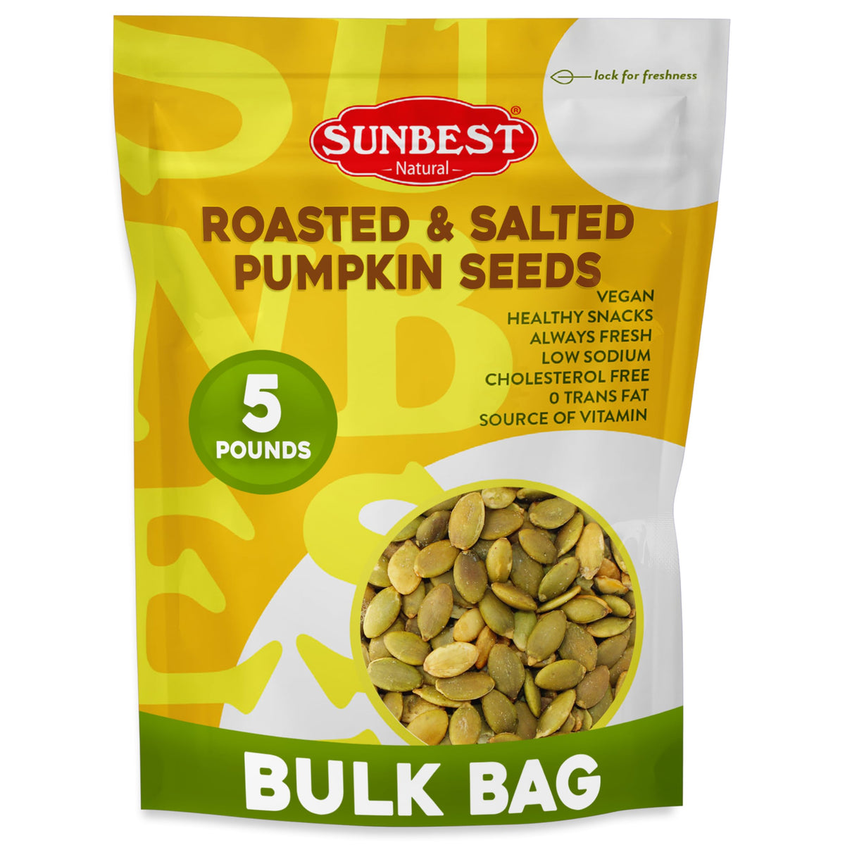 Sunbest Natural Roasted Pumpkin Seeds – 5 lb Bulk Bag, Shelled Pepitas, Non-GMO, Vegan, Kosher