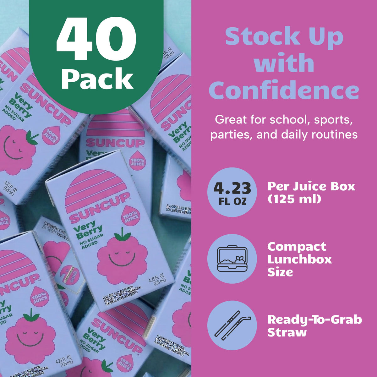 SunCup 100% Fruit Juice Boxes for Kids – No Added Sugar, No Dyes, No Preservatives | 40-Pack Very Berry