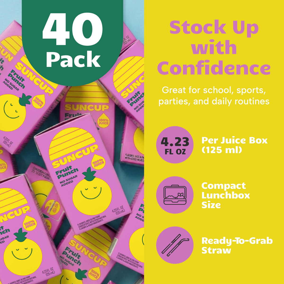 SunCup 100% Juice Boxes for Kids – No Added Sugar, No Dyes | 40 Pack Fruit Punch