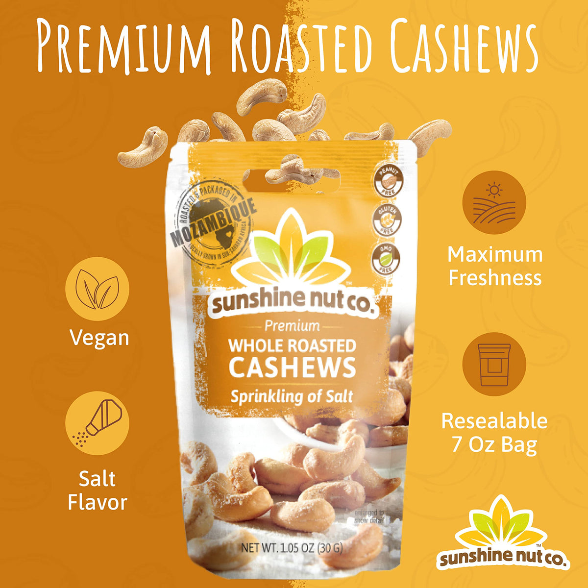 Sunshine Nut Company Whole Roasted Lightly Salted Cashews — 4 Pack, 7 oz Each | Gluten Free, Peanut Free, Vegan, GMO Free