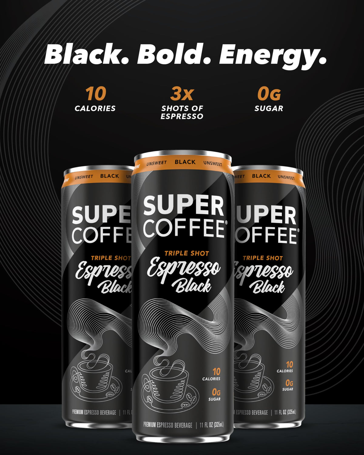 SUPER COFFEE Espresso Triple Shot Black Can - 0g Added Sugar, 10 Calories, 11oz, 12-Pack | Cold Brew Coffee Drinks