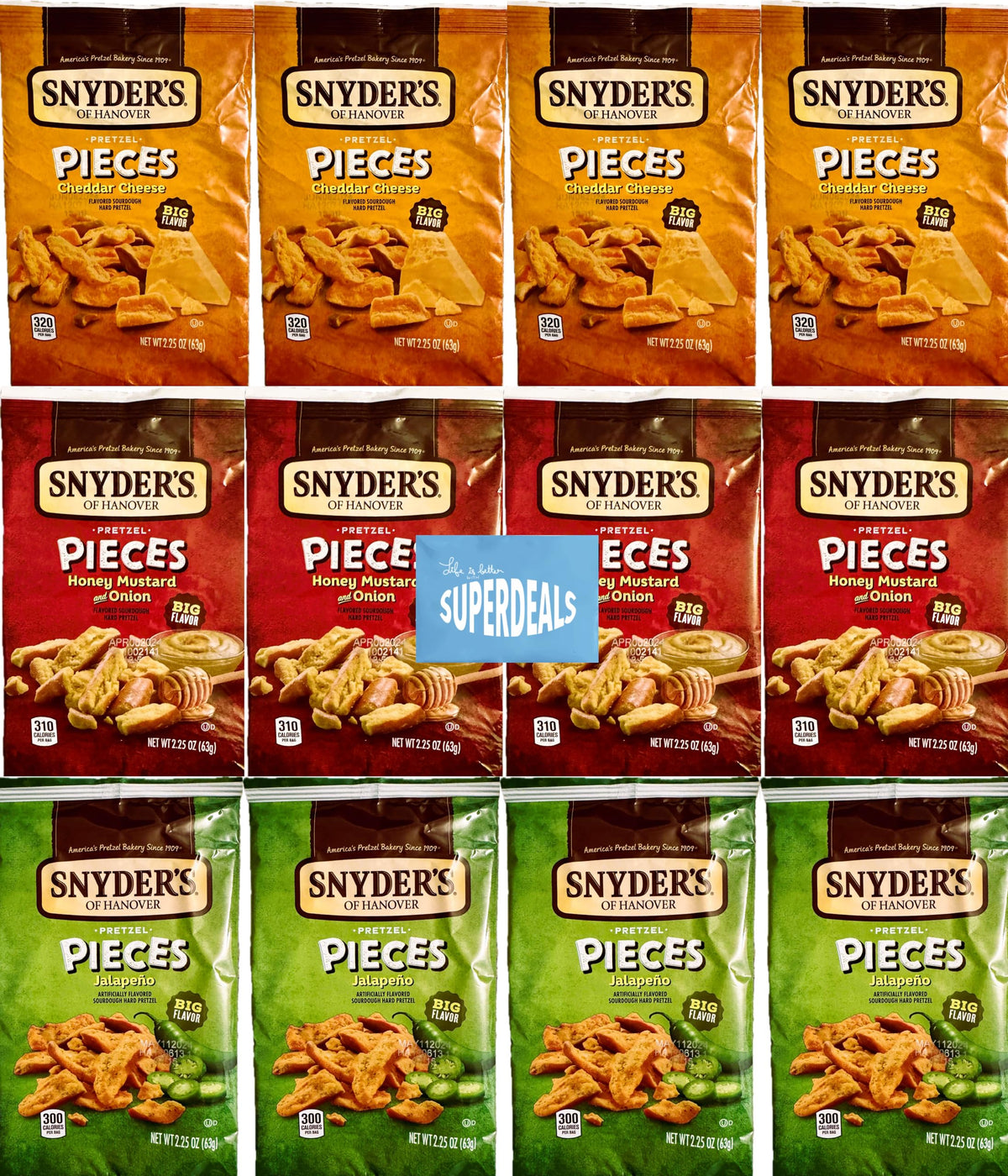 Snyder's of Hanover Pretzel Pieces Variety 12 Pack – Cheddar, Honey Mustard & Onion, Jalapeño | SUPERDEALS
