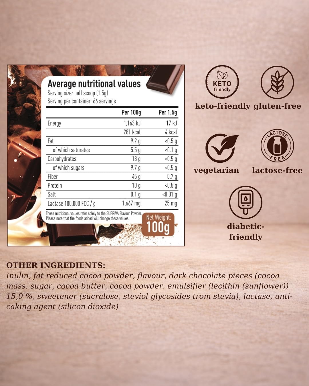 SUPRIVA Flavor Powder – Milk Chocolate, 66 Servings, 3-4 kcal per Serving, Sugar-Free, High-Fiber