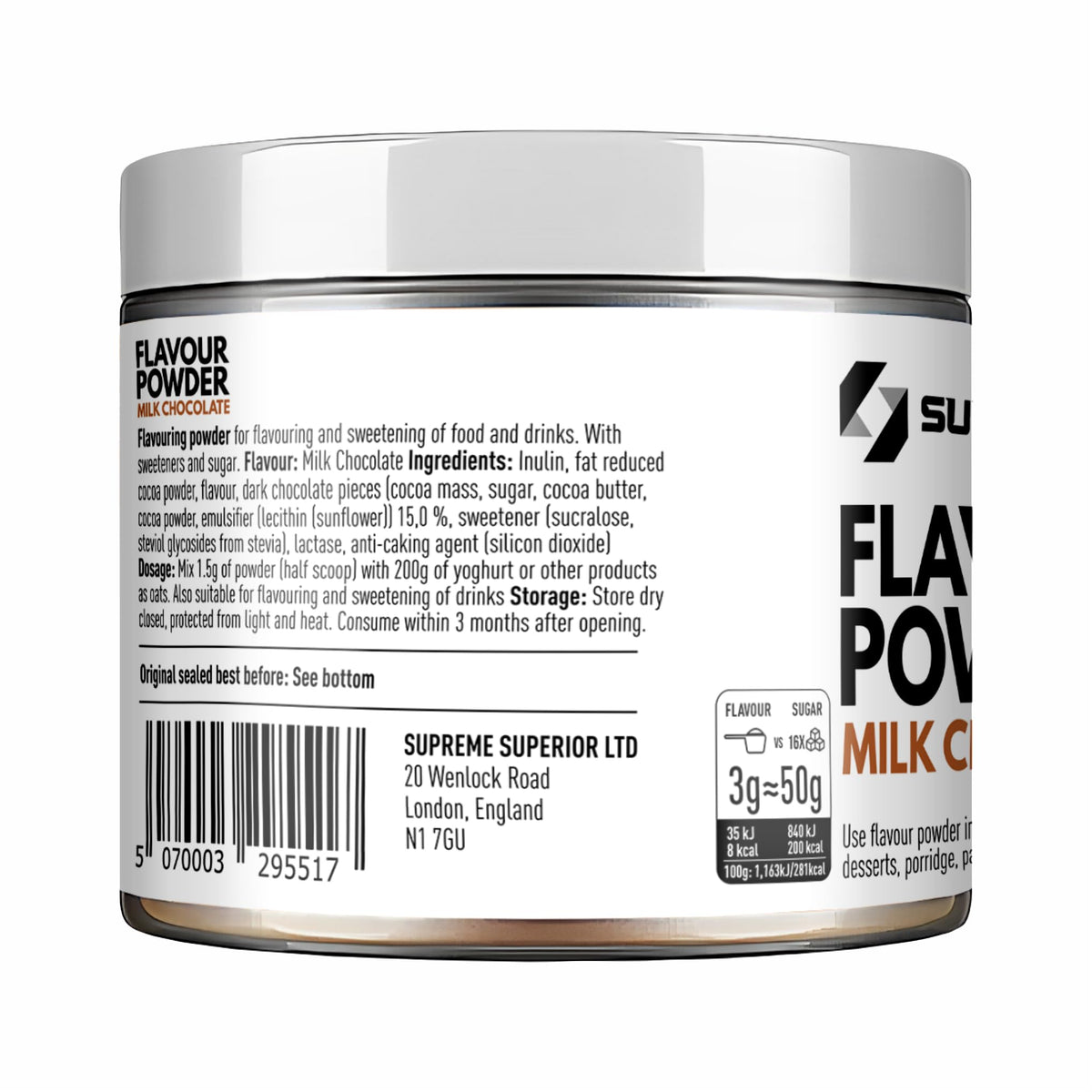 SUPRIVA Flavor Powder – Milk Chocolate, 66 Servings, 3-4 kcal per Serving, Sugar-Free, High-Fiber
