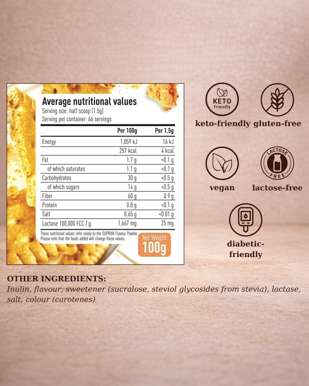SUPRIVA Flavor Powder – 3-4 kcal/serving, Sugar-Free, High Fiber, 66 Servings (Butter Biscuit)
