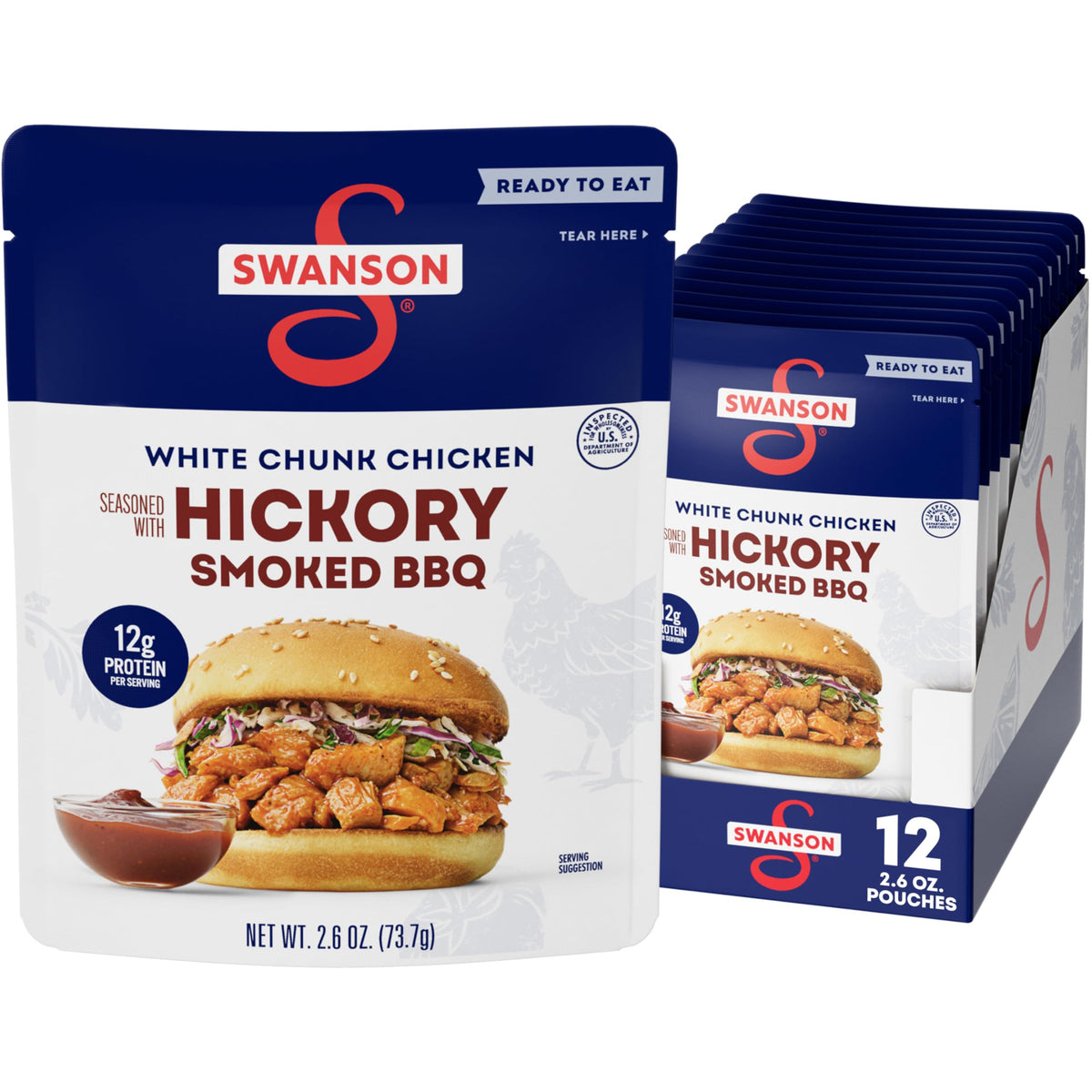 Swanson Hickory Smoked BBQ Chicken – Fully Cooked White Chunk, 2.6 oz Pouches (12 Pack)