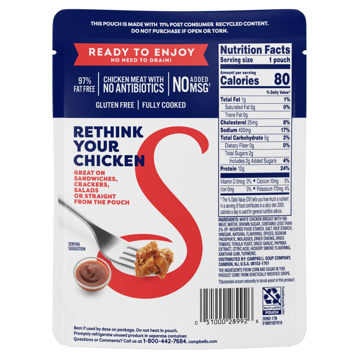 Swanson Hickory Smoked BBQ Chicken – Fully Cooked White Chunk, 2.6 oz Pouches (12 Pack)